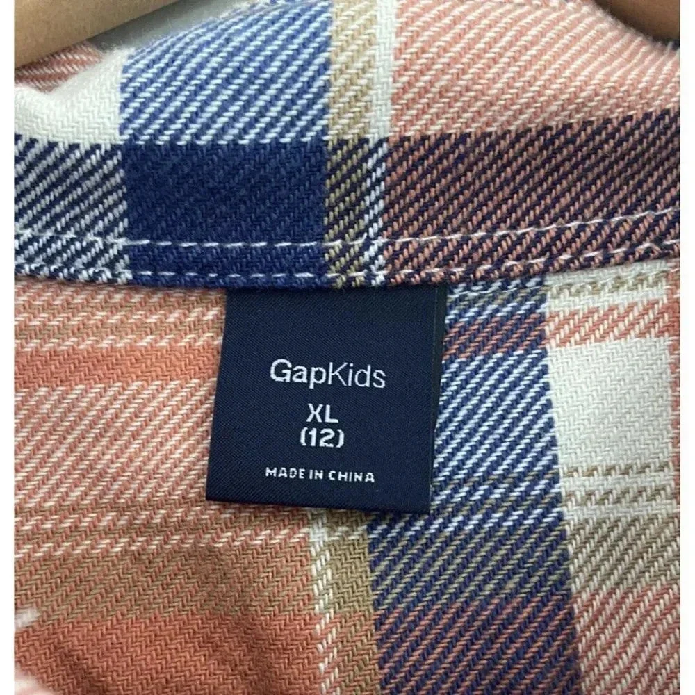 Gap Flannel Shirt Blue Cream Coral Plaid Size XL 12